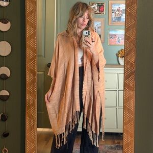 NWOT Free People textured cotton Open Front Hooded Fringe Kimono Wrap Peach